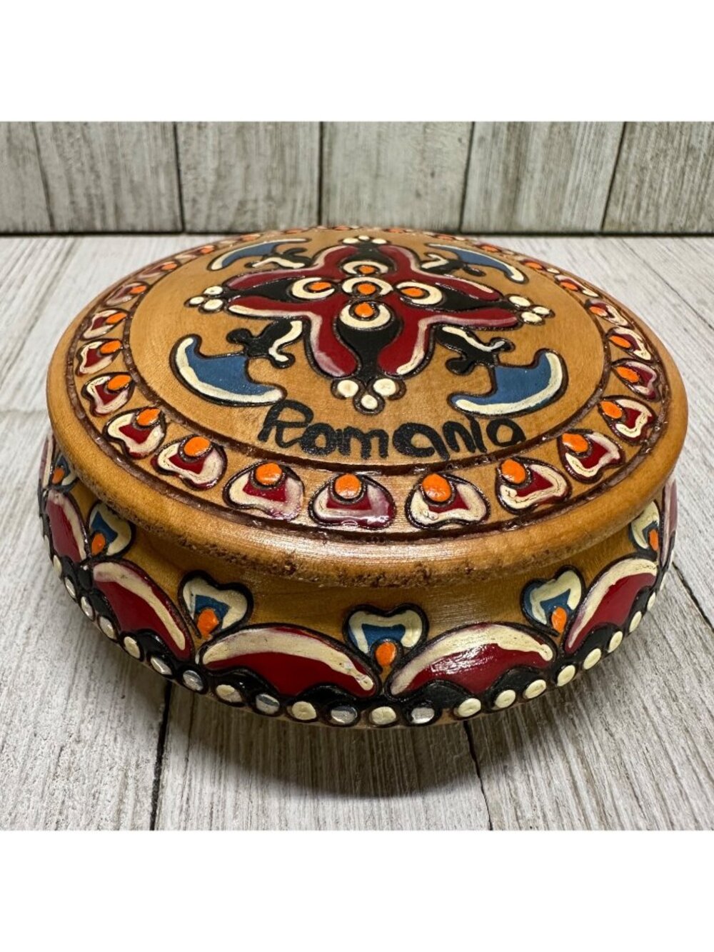 Vtg Carved Wooden Trinket Bowl with Lid Painted Romania 4" Diameter Souvenir
